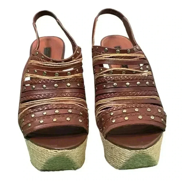 STEVEN by Steve Madden Wedge Sling Back Leather Braided Rope Stud Detail Shoe - Picture 3 of 14